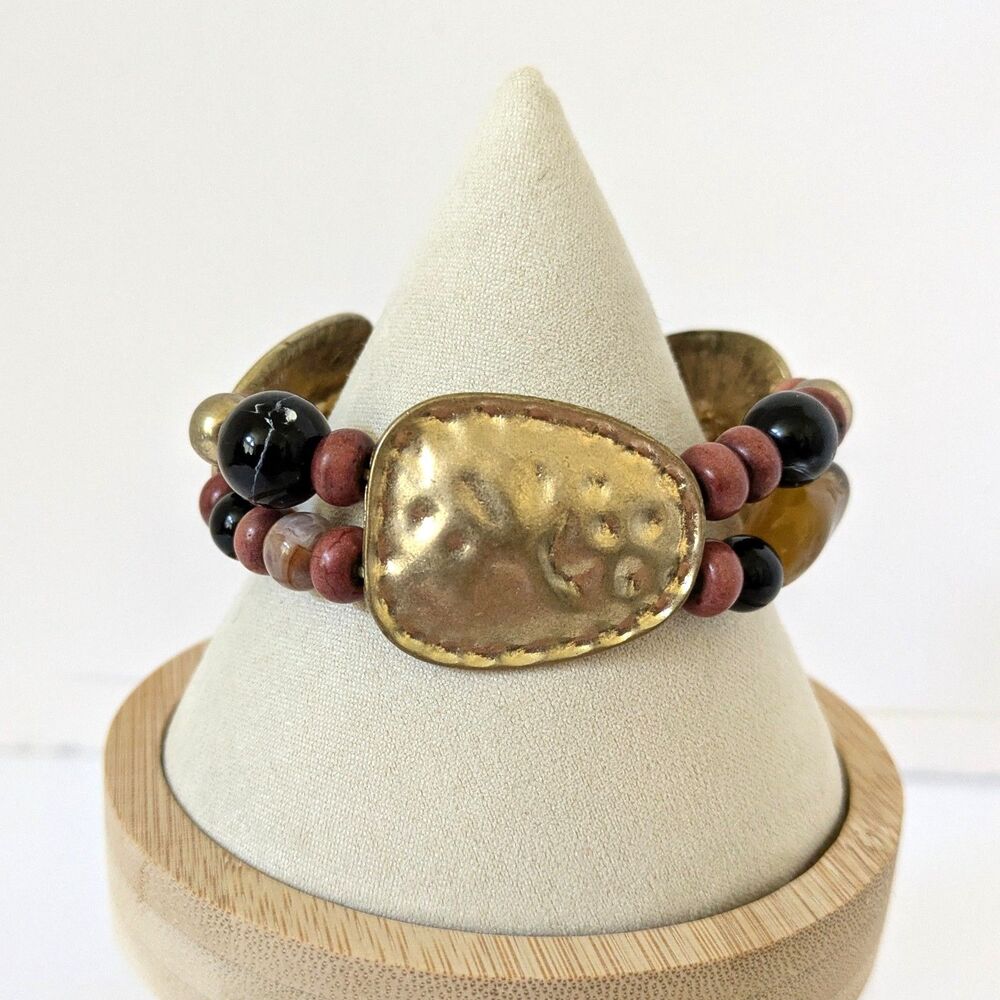 Chunky Hammered Gold Tone Panel Stretch Bracelet Faux Stones Beads 7" - Picture 4 of 9
